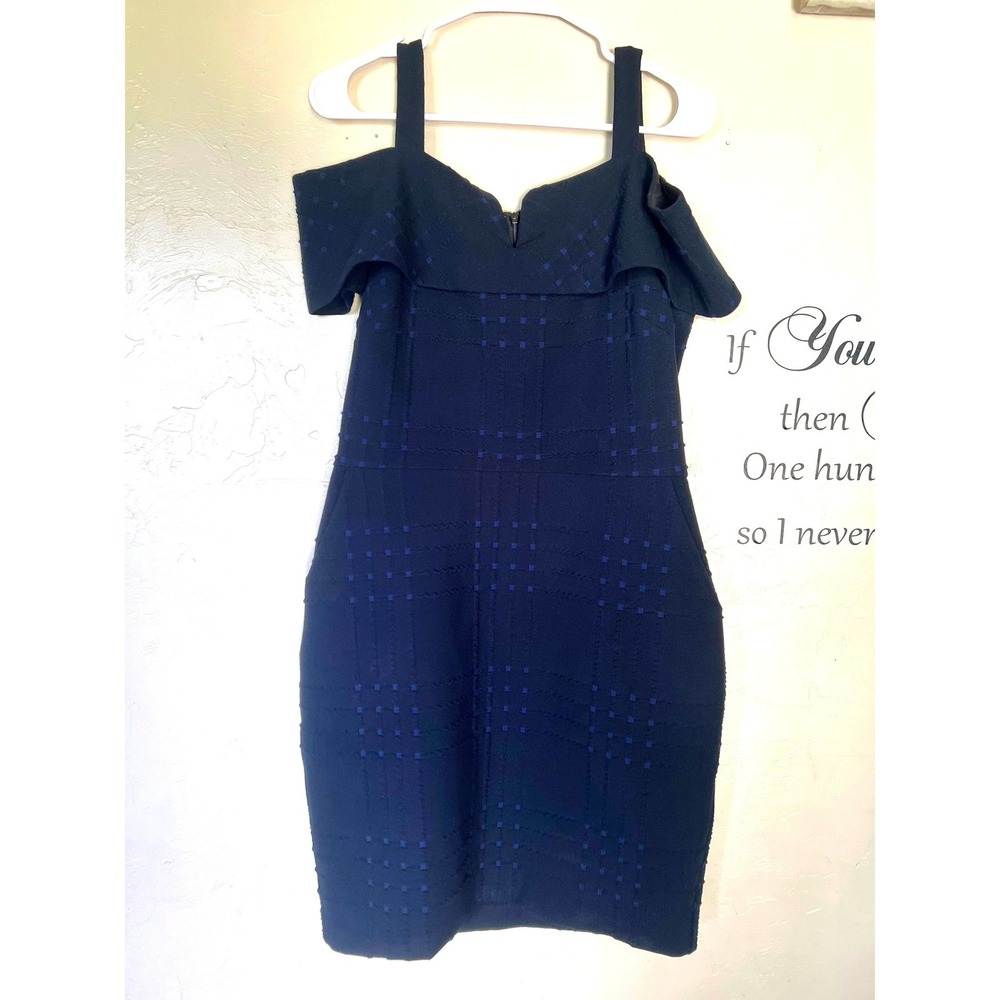 Badgley Mischka Navy Blue Jacquard Knit Cold Shoulder Cocktail Dress Luxury 12 - Picture 2 of 10